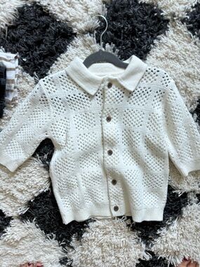 Old Navy Cream Openwork Knit Polo Cardigan Sweater